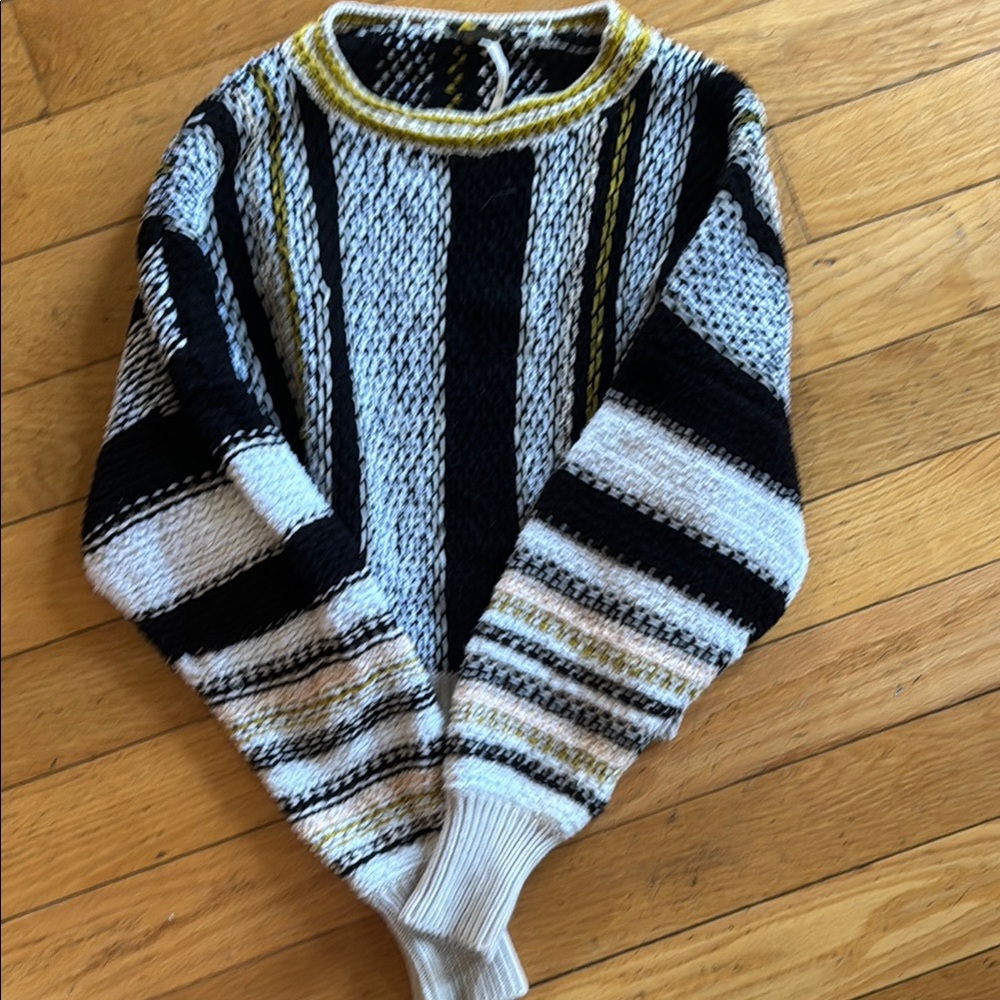 Free People Black and White Crewneck Sweater with Stripes